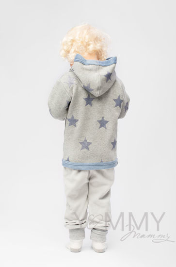 Изображение 
            
                Детская толстовка с капюшоном на меху серый меланж с синими звездами
            
                    